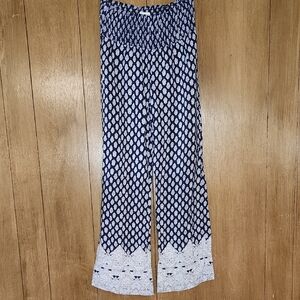 Women's Navy and White Patterned Elastic Waist Pants